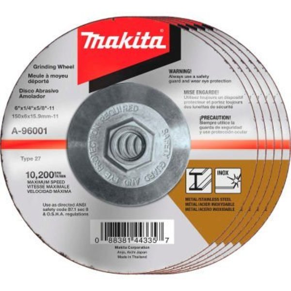Makita Makita Hubbed INOX Grinding Wheel, 36 Grit, Type 27, 6inDia x 1/4inT x 5/8-11in Ctr HoleDia-25/Pk A-96001-25